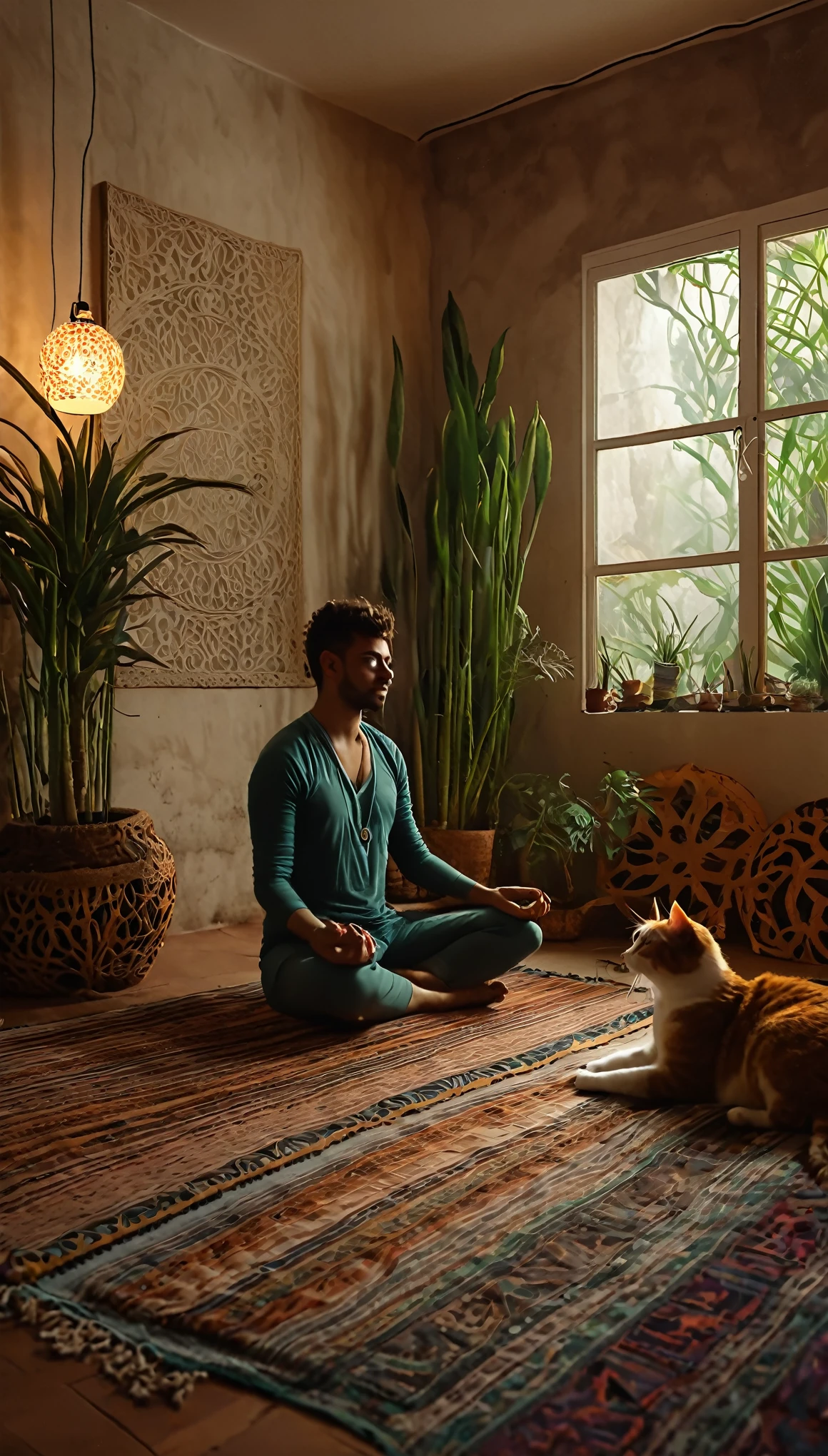 Pessoa ocidental meditando cercada de gatos. The setting is the interior of a beautiful room with boho style decor.. cinematic lighting. Pessoa meditando. meditation. ultra HD pessoa meditando.