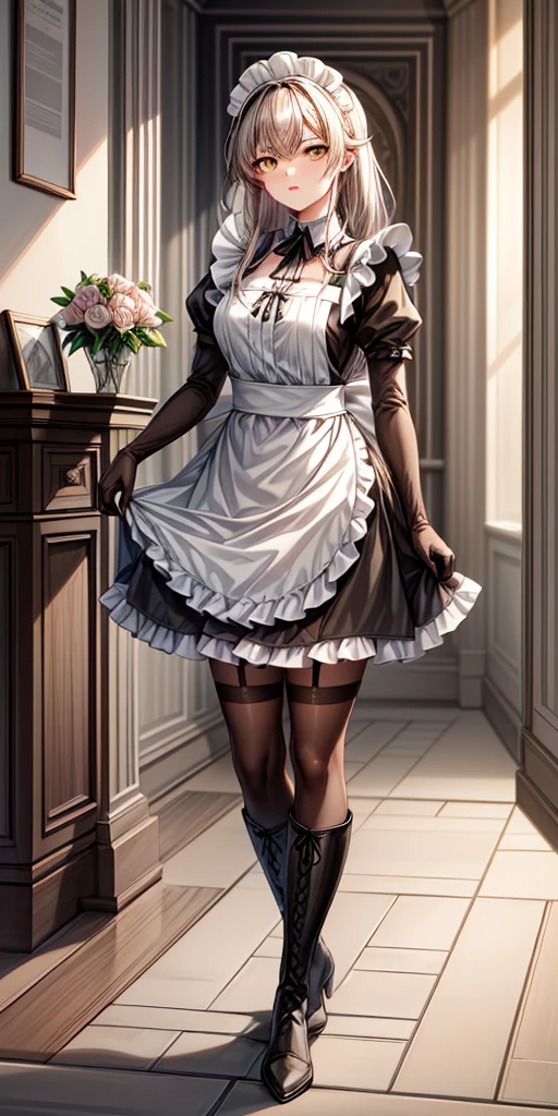 (mature female:1.4), masterpiece, best quality (maid, maid headdress, maid apron), standing, indoors, window, masterpiece, best quality, high quality, dark black SKIN. Long messy hair, yellow eyes, full body, def_effie, blue breastplate, looking at viewer, shiny armor, thigh highs, high boots, shoulder armor, faulds, poleyn, red gloves gauntlets