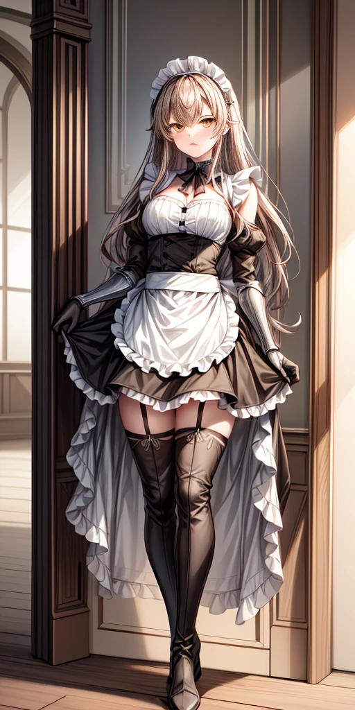 (mature female:1.4), masterpiece, best quality (maid, maid headdress, maid apron), standing, indoors, window, masterpiece, best quality, high quality, dark black SKIN. Long messy hair, yellow eyes, full body, def_effie, blue breastplate, looking at viewer, shiny armor, thigh highs, high boots, shoulder armor, faulds, poleyn, red gloves gauntlets