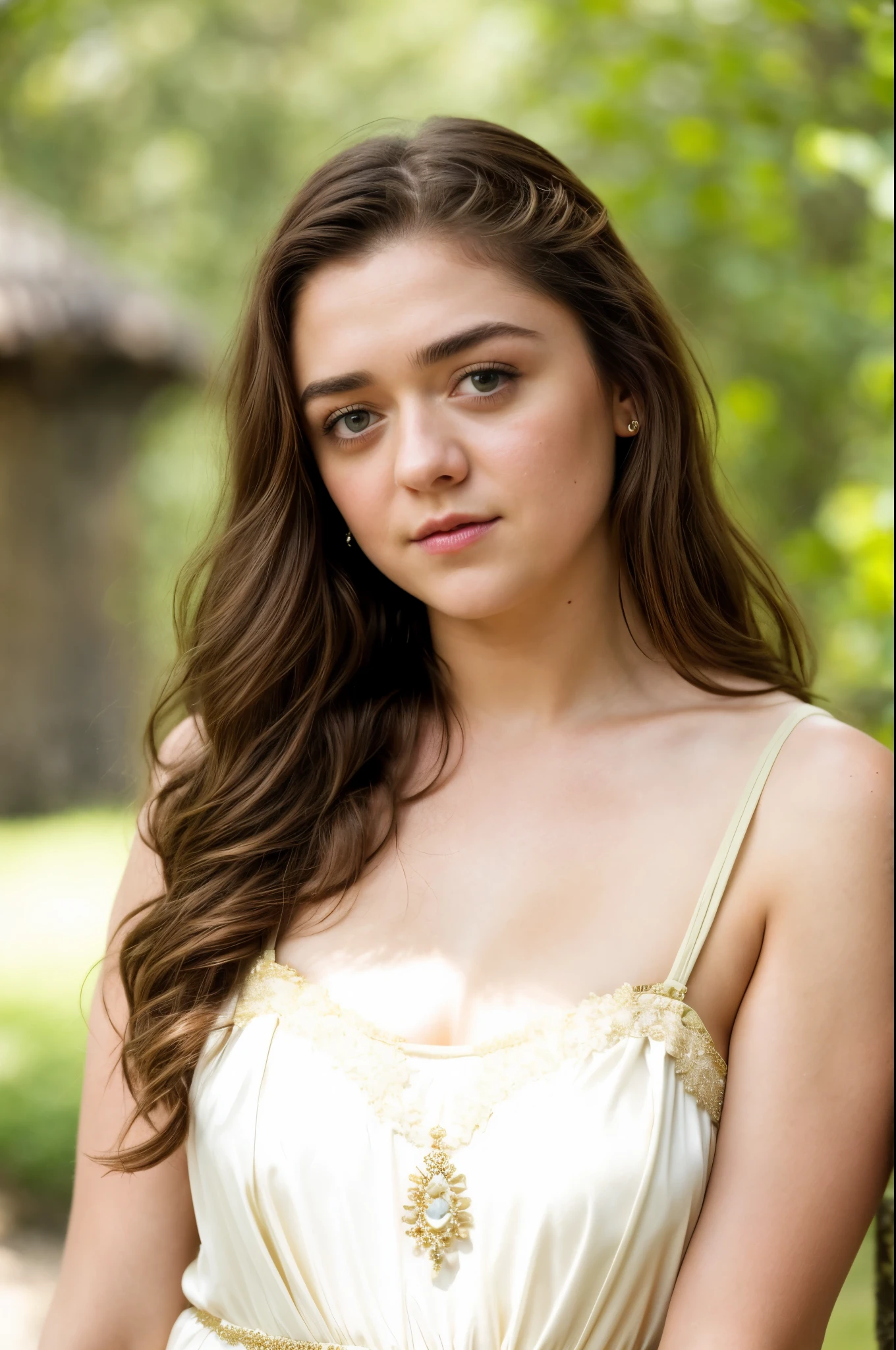 Foto RAW, Arya Stark, Stunning Beauty, Ravishing, Enchantress, Extremely gorgeous lady, Arya Stark PLAYED BY MAISIE WILLIAMS, Queen Arya Stark, she  a mature woman now, milf, sexy mediaeval battle dress, gladiator woman, body, 40 years old Woman, Roman slave dress, cotton dress, busty mediaeval costumes, body revealing costumes, perky breast, big natural breast, erotic costumes, lusty physique, seductive figure can capture every people's attention, Game of thrones costumes, revealing captivating figure, Mediaeval costumes, revealing clothes, A tomboy, she would rather fence than dance, warrior queen , game of thrones screen caps, Game of Thrones Series, (pele altamente detalhada: 1.2), 8k UHD, DSLR, soft-lighting, alta qualidade, grain of film, Fujifilm XT3, flawless picture, highly detailed, detailed Beauty, intricate, 32k, sharp picture,