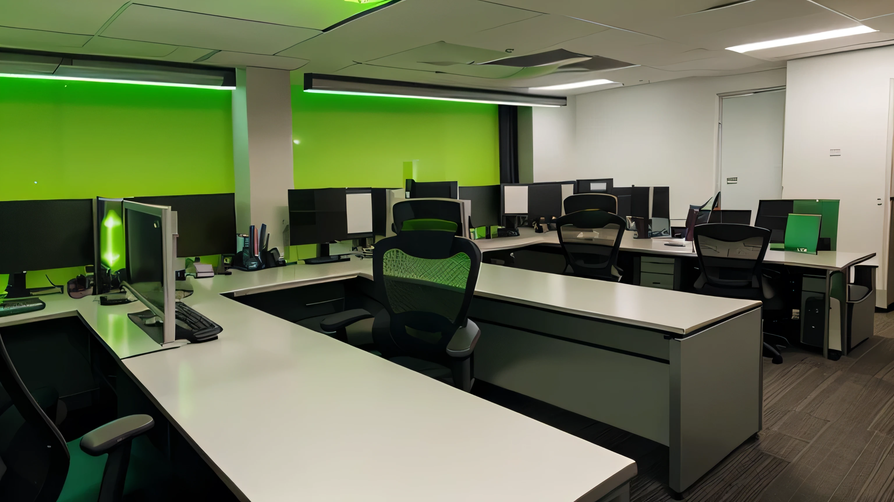 An office with green lights, profissional, elegante, varios computadores