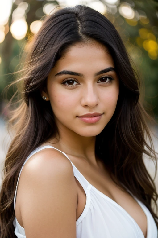 A photorealistic portrait of a 21-year-old colombian girl with long, flowing dark hair and striking dark eyes. She should have a natural, approachable expression and be illuminated by soft, golden-hour sunlight. The background should be a scenic outdoor setting, perhaps a sunlit park or beach. Capture this image with a high-resolution photograph using an 85mm lens for a flattering perspective.