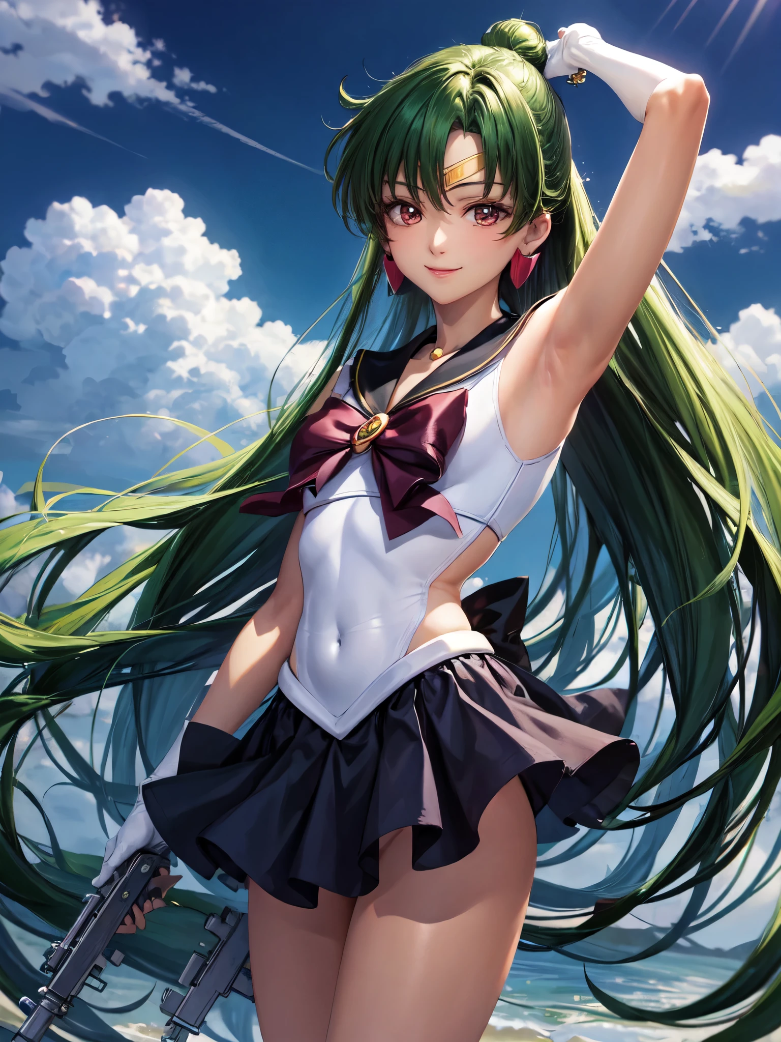 Armpit Show,masterpiece, highest quality, High resolution, One girl, alone, Sailor Pluto, (Fluffy hair), (Flowing Hair), (Single Ponytail)), Elbow hand pockets, Head ornament, Pleated skirt, bow, (Black sailor collar), White gloves, jewelry, Earrings, Cowboy Gun, smile, Grassland in the background, Blue sky and white clouds, headgear, Pause