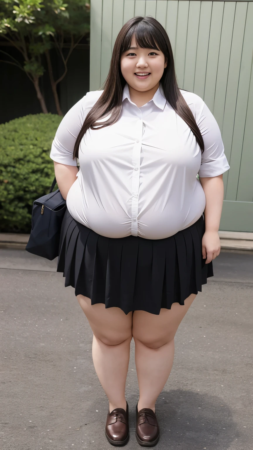 realistic depiction、super obeseのjapanese girl、super obese、super big tits、Weight 300kg、very fat woman、fat woman wearing white collared shirt、Black bra、japanese girl、laugh、tight skirt、outdoor、A little、 Woman、His height is only 145cm.、Short legs
