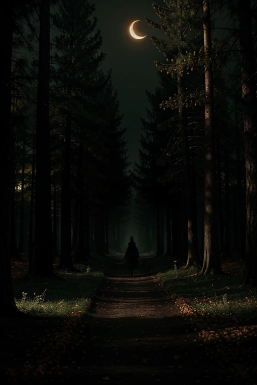Autumn night in a magical dark scary forest in the style of illustration for horror books