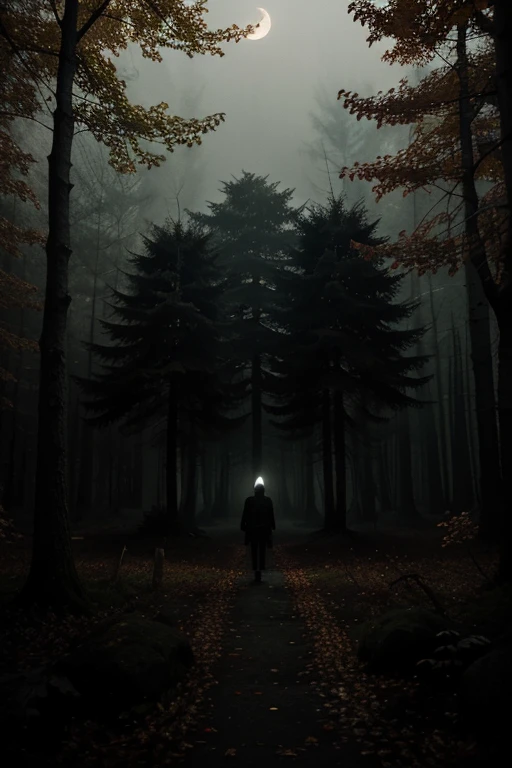 Autumn night in a magical dark scary forest in the style of illustration for horror books