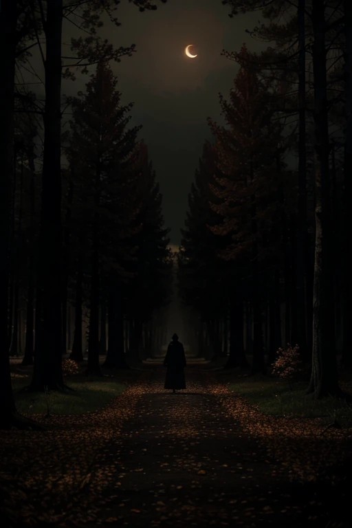 Autumn night in a magical dark scary forest in the style of illustration for horror books