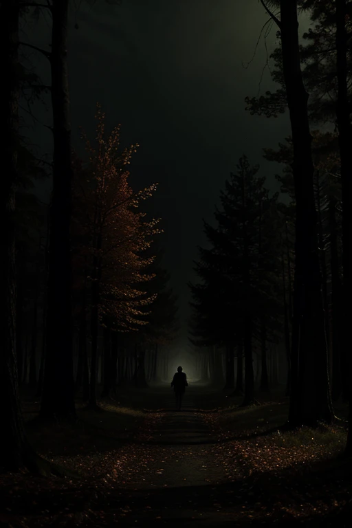 Autumn night in a magical dark scary forest in the style of illustration for horror books