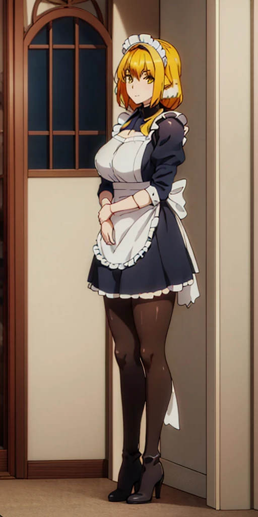 (mature female:1.4), masterpiece, best quality (maid, maid headdress, maid apron), standing, indoors, window, masterpiece, best quality, high quality, long hair, yellow eyes, full body, def_effie, blue breastplate, looking at viewer, shiny armor, thigh highs, high boots, shoulder armor, faulds, poleyn, red gloves gauntlets, Roxanne dog fluffy ears