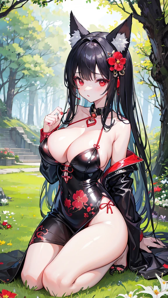 2 girls、Magic Kiss,Sticky,Red lips,Fox ears,(8k、Highest image quality、best quality、masterpiece)、Black latex bikini cheongsam,Lily headdress,slim,Large Breasts,Extremely detailed facial details, handcuffs,collar,Black long hair, Charming red eyes, Fox ears, Ridiculously big, glowing skin,Kneeling on the grass,forest,Flowers