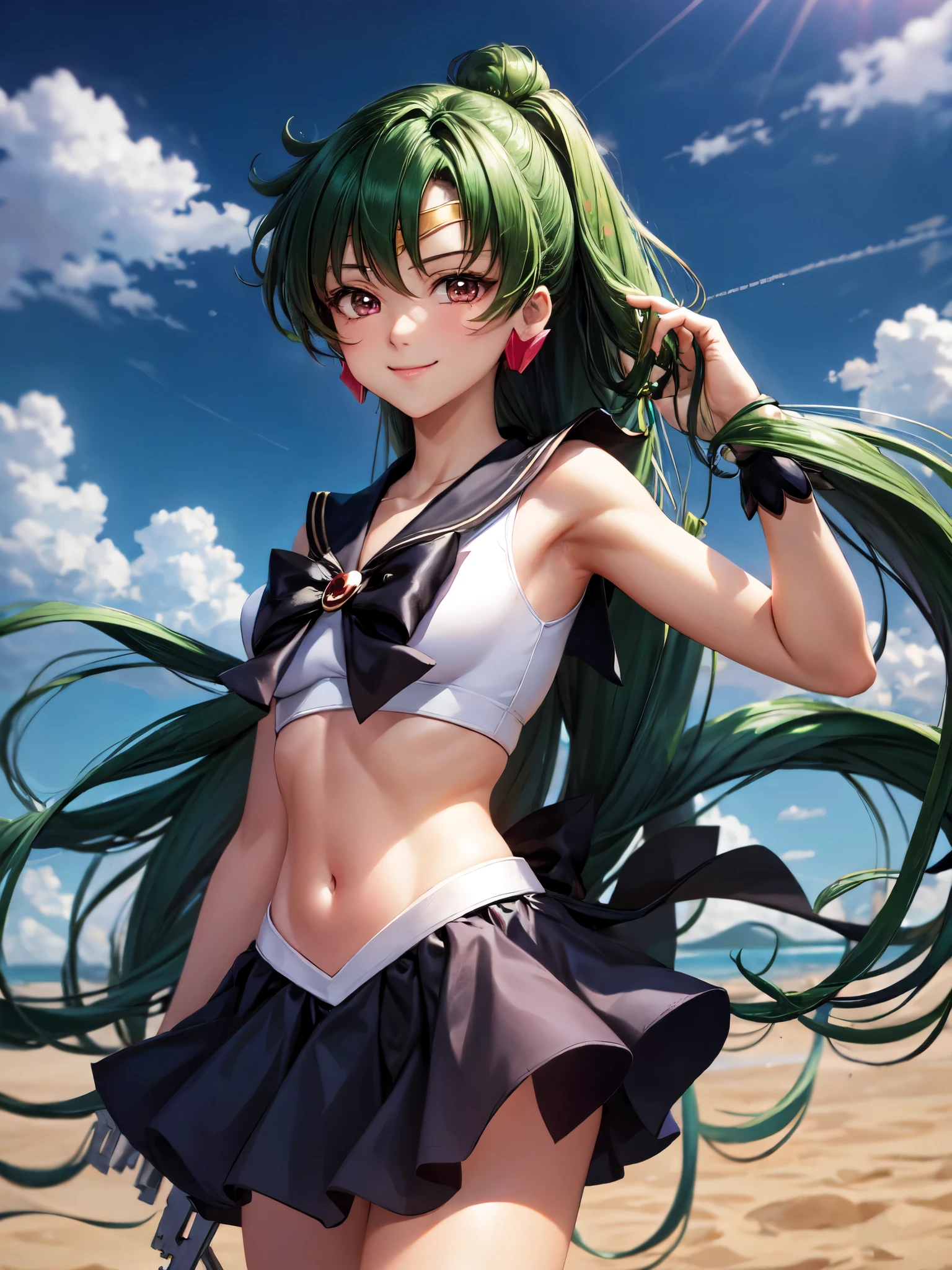 Armpit Show,masterpiece, highest quality, High resolution, One girl, alone, Sailor Pluto, (Fluffy hair), (Flowing Hair), (Single Ponytail)), Elbow hand pockets, Head ornament, Pleated skirt, bow, (Black sailor collar), White gloves, jewelry, Earrings, Cowboy Gun, smile, Grassland in the background, Blue sky and white clouds, headgear, Pause