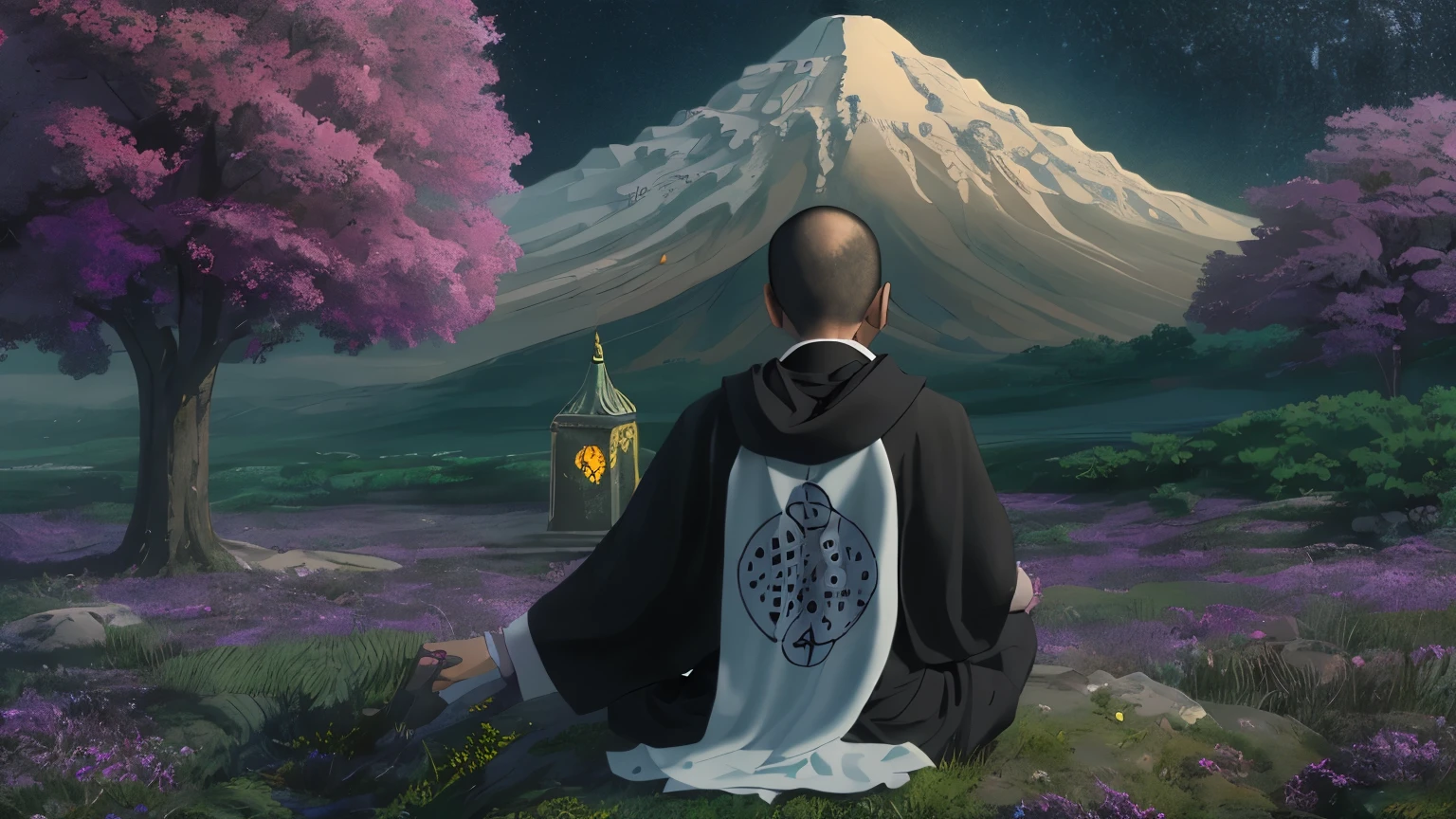 Um monge meditando em um ambiente vibrante, paisagem iluminada de outro mundo, surrounded by ethereal spirits and symbols of the spiritual realm. Symbols of nature, OM, zen, mystic, cores vibrantes, Imagem com pelo menos 300 dpi, Ultra HD,