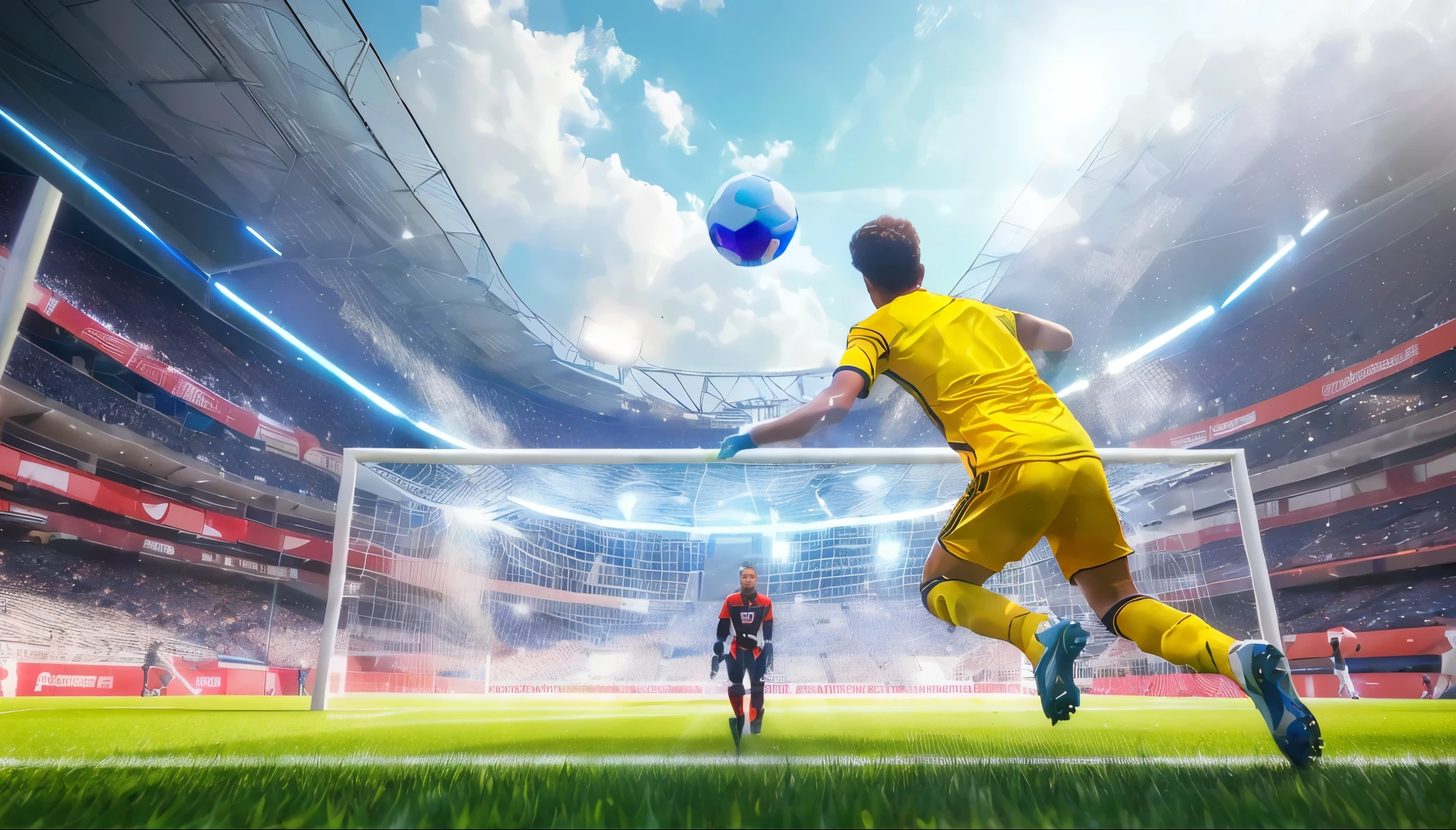 there is a Soccer player kicking a ball in a stadium, Soccer, deporte game, contraventana, mejor en adobe stock, tiro premiado, premio - disparo ganador, arte generado por computadora, flying Soccer balls, Soccer stadium, playing Soccer, ganar la competencia, juego cg, Soccer player, deporte, tiro perfecto, foto de portada, Soccer americano, tiro ganador del premio, futuristic deporte arena. Goalkeeper robot