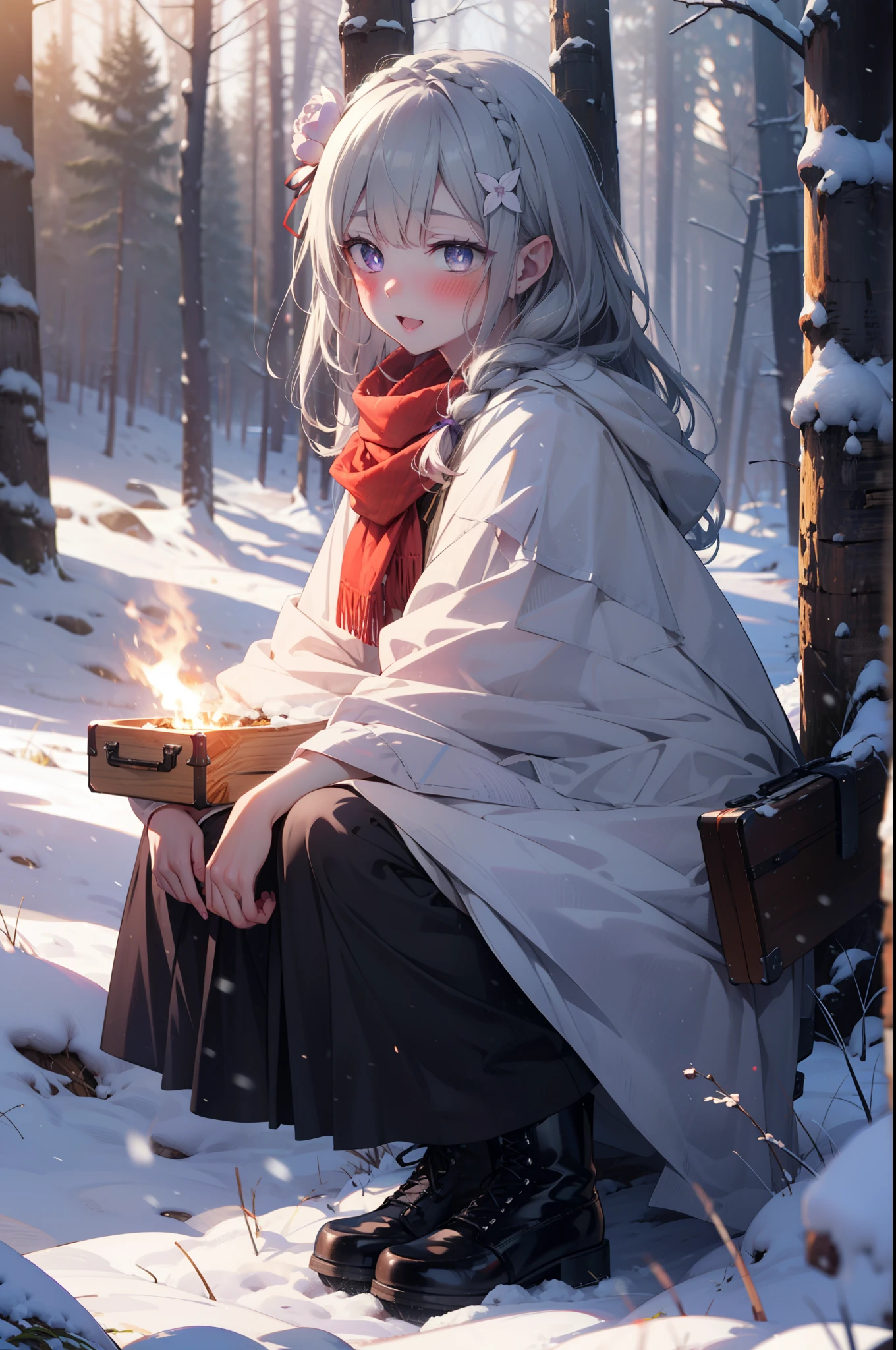 Emilia, Braiding, crown Braiding, flower, hair flower, hair ornaments, hair ribbon, Long Hair, Pointed Ears, (Purple eyes:1.2), Gray Hair, x hair ornaments,smile,blush,White Breath,
Open your mouth,snow,Ground bonfire, Outdoor, boots, snowing, From the side, wood, suitcase, Cape, Blurred, having meal, forest, White handbag, nature, Squat, Mouth closed, Cape, winter, Written boundary depth, Black shoes, red Cape break looking at viewer, Upper Body, whole body, break Outdoor, forest, nature, break (masterpiece:1.2), highest quality, High resolution, unity 8k wallpaper, (shape:0.8), (Beautiful and beautiful eyes:1.6), Highly detailed face, Perfect lighting, Highly detailed CG, (Perfect hands, Perfect Anatomy),