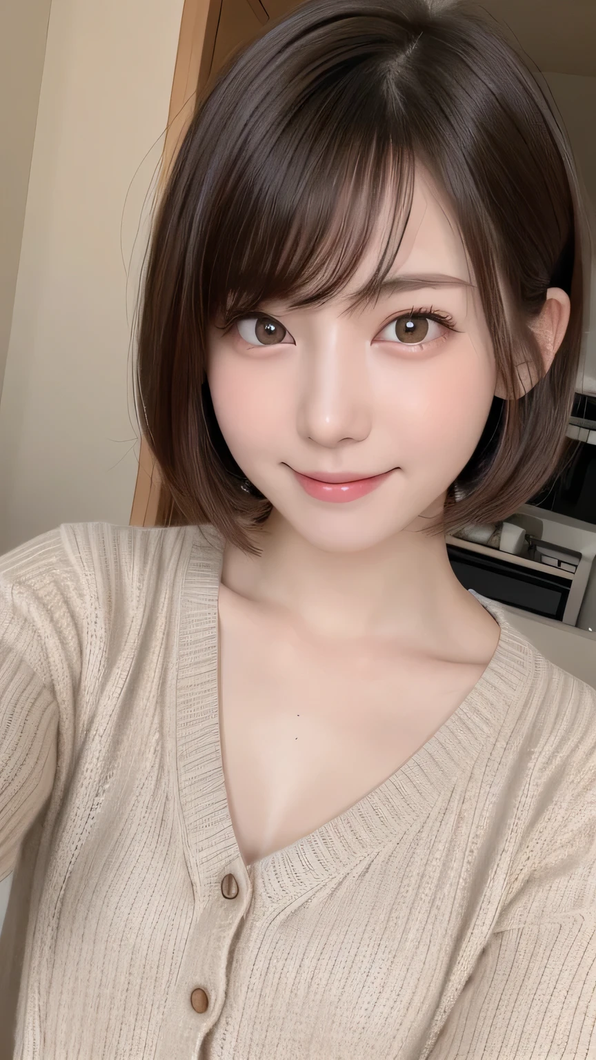 (8k、Photorealistic、Raw photo、highest quality: 1.4)、(、Japanese One girl)、Beautiful Face、(Realistic Face)、(dark short hair、Short Hair:1.3)、Beautiful hairstyle、Realistic eyes、Beautiful details、（Realistic Skin）、Beautiful Skin、Ultra-high resolution、Surreal、High accuracy、Golden Ratio、Full body photo、yeiko、Crystal Fly、chest , huge shy smile , random cute pose , big eyes , cute dress , Knitted cardigans