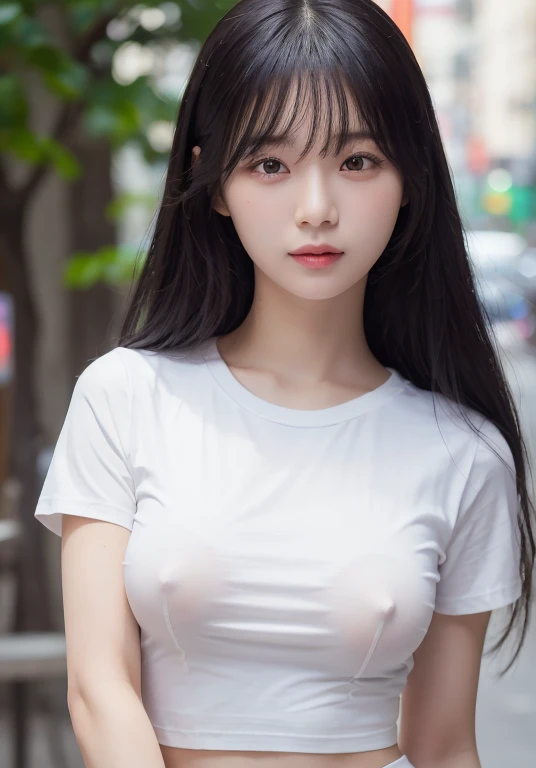 Full Body Shot, Korean Girl, city, Long black hair, Show Background, 27 years old, (A thin, tight-fitting white T-shirt:1.5),(The nipples are clearly visible:1.5), highest quality, 8k, RAW Photos, highest quality, Hmph:1.2, Highly detailed RAW color photos, Professional Photos, (Realistic, Realistic:1.37), (Highly detailed skins:1.2), 超High resolution, (Lenz 50mm), (Tabletop, highest quality:1.3), Smile, 80mm, High resolution, (Korean:1.1),(Focus on your audience:1.5), (Natural skin texture,Detailed skin, Hyperrealism,Ultra Sharpness),Intricate details,High resolution, Natural light、Korean Idol、Burning idol pose、Adult,Photon Mapping, Radio City, Physically Based Rendering, Rich details, (Beautiful Face),(Beautiful Eyes), (Clear Face), (Detailed face description), (Detailed hand description), Extreme light and shadow, Shiny skin,