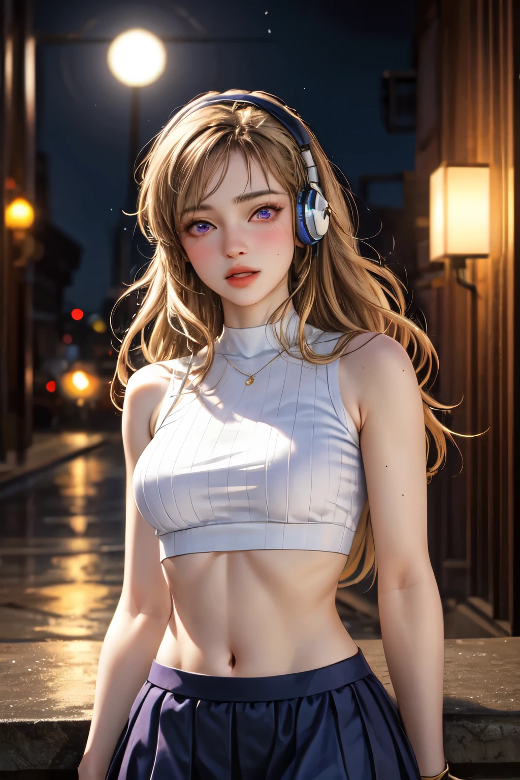 realistic, 1girl, Brown-blonde hair, purple eyes, glowing eyes, crop top, skirt, parted lips, blush, night, flowers, sun, sunlight, headphone