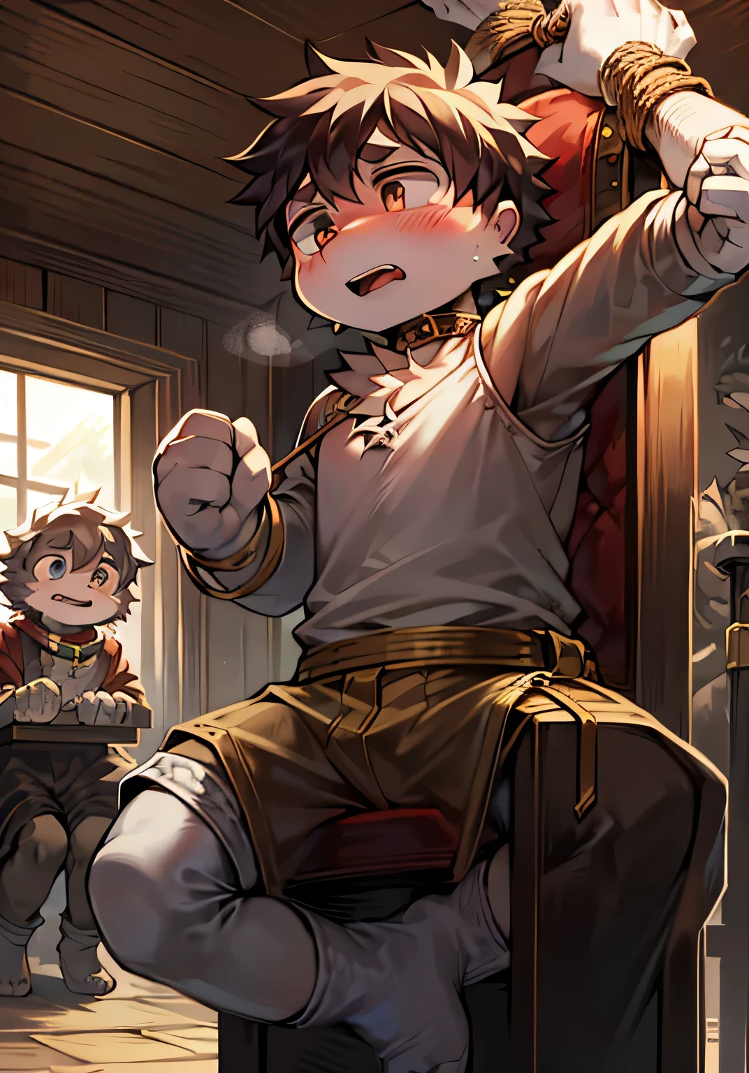 He has an iron ring around his neck.,Tied to a chair,Hands tied behind back,,cute,Being tickled,Fear,White Socks,hairy,Children's