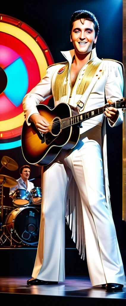 (eptheking), 1man\(elvis presley,(performing on stage),(playing the guitar),(wearing white caped fringe jumpsuit ),(full body:1.5),big smile,dynamic pose,chest hair\), BREAK ,background\((live stage:1.5),(many audience:1.5)\), BREAK ,quality\(intricate details, very sharp, detailed face, detailed skin,8k,wallpaper of extremely detailed CG unit, ​masterpiece,hight resolution,top-quality,top-quality real texture skin,hyper realisitic,increase the resolution,RAW photos,best qualtiy,highly detailed,the wallpaper,cinematic lighting,ray trace,golden ratio\),landscape,long shot,wide shot,dynamic angle