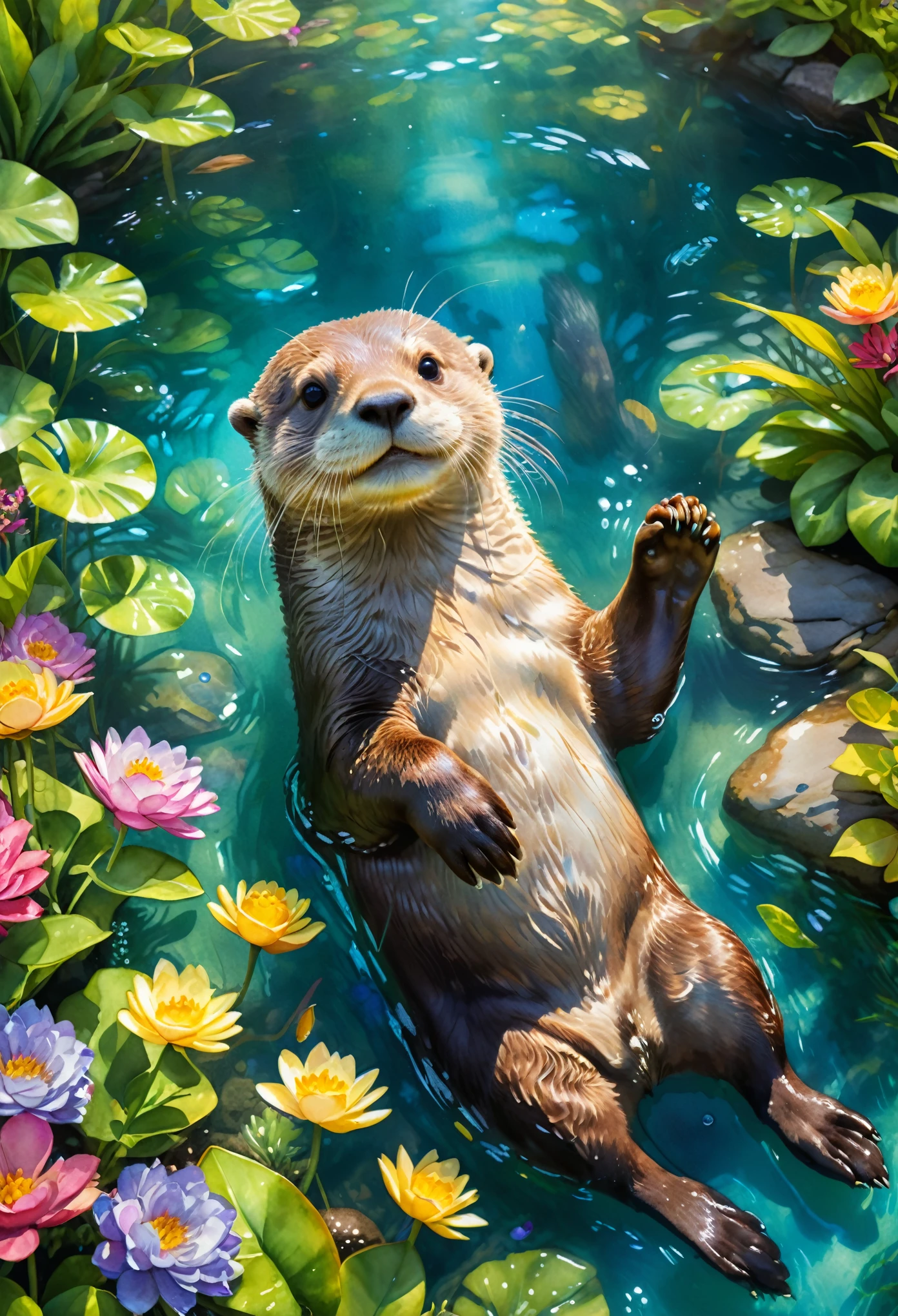 a playful otter in a vibrant garden, with crystal clear water and sparkling sunlight, (best quality, highres:1.2) using watercolors, capturing the otter's joyful spirit and sleek fur texture, surrounded by colorful flowers and lush greenery, (ultra-detailed, realistic:1.37) featuring vibrant shades of blue, green, and yellow, (vivid colors) with soft, diffused lighting enhancing the otter's adorable features and the garden's natural beauty