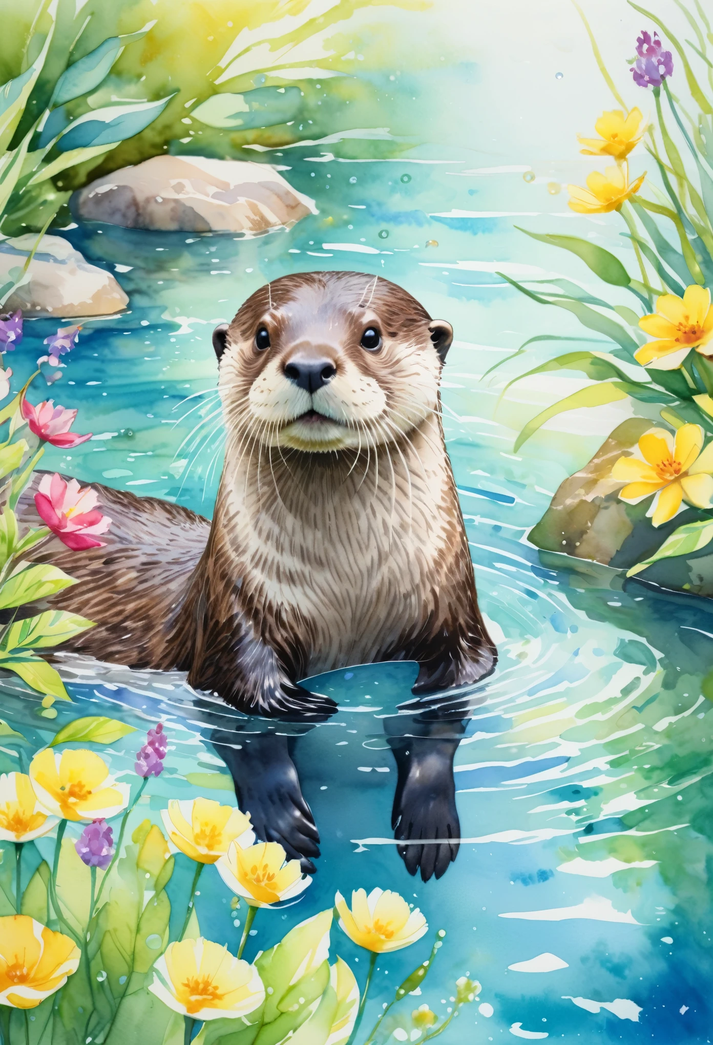 a playful otter in a vibrant garden, with crystal clear water and sparkling sunlight, (best quality, highres:1.2) using watercolors, capturing the otter's joyful spirit and sleek fur texture, surrounded by colorful flowers and lush greenery, (ultra-detailed, realistic:1.37) featuring vibrant shades of blue, green, and yellow, (vivid colors) with soft, diffused lighting enhancing the otter's adorable features and the garden's natural beauty