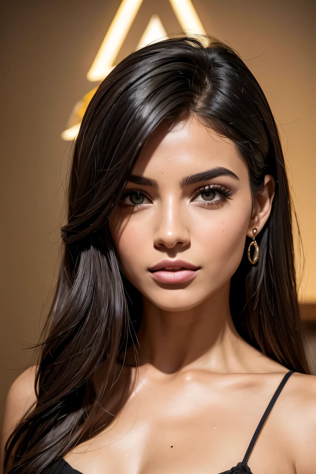 cabelo:Cor: Silky black ebony.comprimento: cai graciosamente em seus ombros.estilo: Natural waves that add a touch of effortless elegance.tez:Aria ostenta um brilho radiante, tez mocha quente, capturing a perfect balance between richness and luminosity.olhos:forma: almond-shaped, com uma mistura hipnotizante de profundidade e expressividade.Cor: Reflete um profundo, tom emocionante de marrom.Nariz:Aria's nose is delicate, recurso esculpido, contributing to the overall harmony of your facial aesthetics.lips:forma: completo, with a natural pout that exudes confidence and a touch of mystery.face:forma: Aria's face carries the elegance of an oval shape, fornecendo uma tela para seus recursos cativantes.expression: His features reflect a subtlety, Always present warmth and a touch of fun.tipo de corpo:Aria's AI model embodies a slim and graceful physique, carrying an aura of sophistication and urban elegance.Traje:Aria's wardrobe is a fusion of modern urban style and futuristic flair. She effortlessly navigates between casual streetwear, vestidos chiques, e trajes que complementam sua personalidade digital.