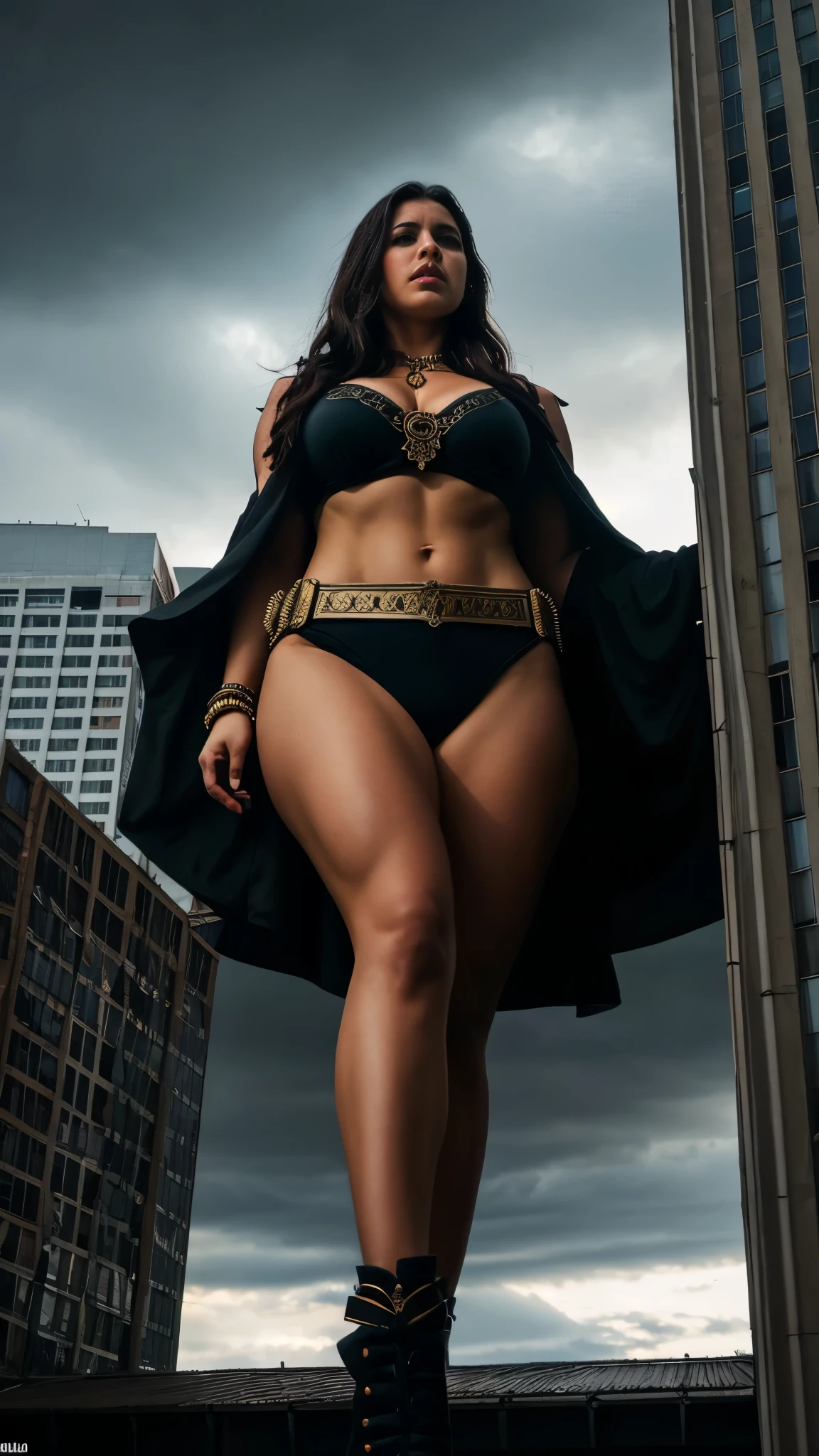 "A towering Giantess in a warrior style like the Amazons. Her toned and athletic build hints at her massive strength. She seems to be casually strolling through the bustling cityscape of GTS City, as towering buildings loom overhead. Sitting on a building. A beautiful well lit face. Realistic hands. Smoke and clouds roil around her, adding to the sense of epic scale and drama. The lighting is dark, gloomy, and realistic, creating a tense and ominous atmosphere. The perspective is from below, emphasizing the sheer majesty and power of the Giantess.", (sfw), mybeauties