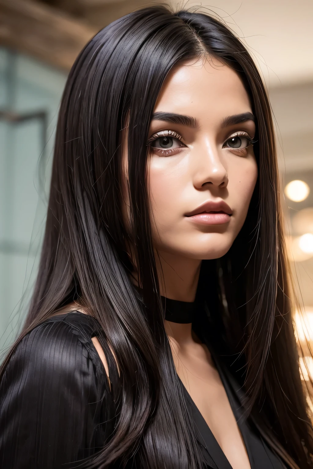 cabelo:Cor: Silky black ebony.comprimento: cai graciosamente em seus ombros.estilo: Natural waves that add a touch of effortless elegance.tez:Aria ostenta um brilho radiante, tez mocha quente, capturing a perfect balance between richness and luminosity.olhos:forma: almond-shaped, com uma mistura hipnotizante de profundidade e expressividade.Cor: Reflete um profundo, tom emocionante de marrom.Nariz:Aria's nose is delicate, recurso esculpido, contributing to the overall harmony of your facial aesthetics.lips:forma: completo, with a natural pout that exudes confidence and a touch of mystery.face:forma: Aria's face carries the elegance of an oval shape, fornecendo uma tela para seus recursos cativantes.expression: His features reflect a subtlety, Always present warmth and a touch of fun.tipo de corpo:Aria's AI model embodies a slim and graceful physique, carrying an aura of sophistication and urban elegance.Traje:Aria's wardrobe is a fusion of modern urban style and futuristic flair. She effortlessly navigates between casual streetwear, vestidos chiques, e trajes que complementam sua personalidade digital.