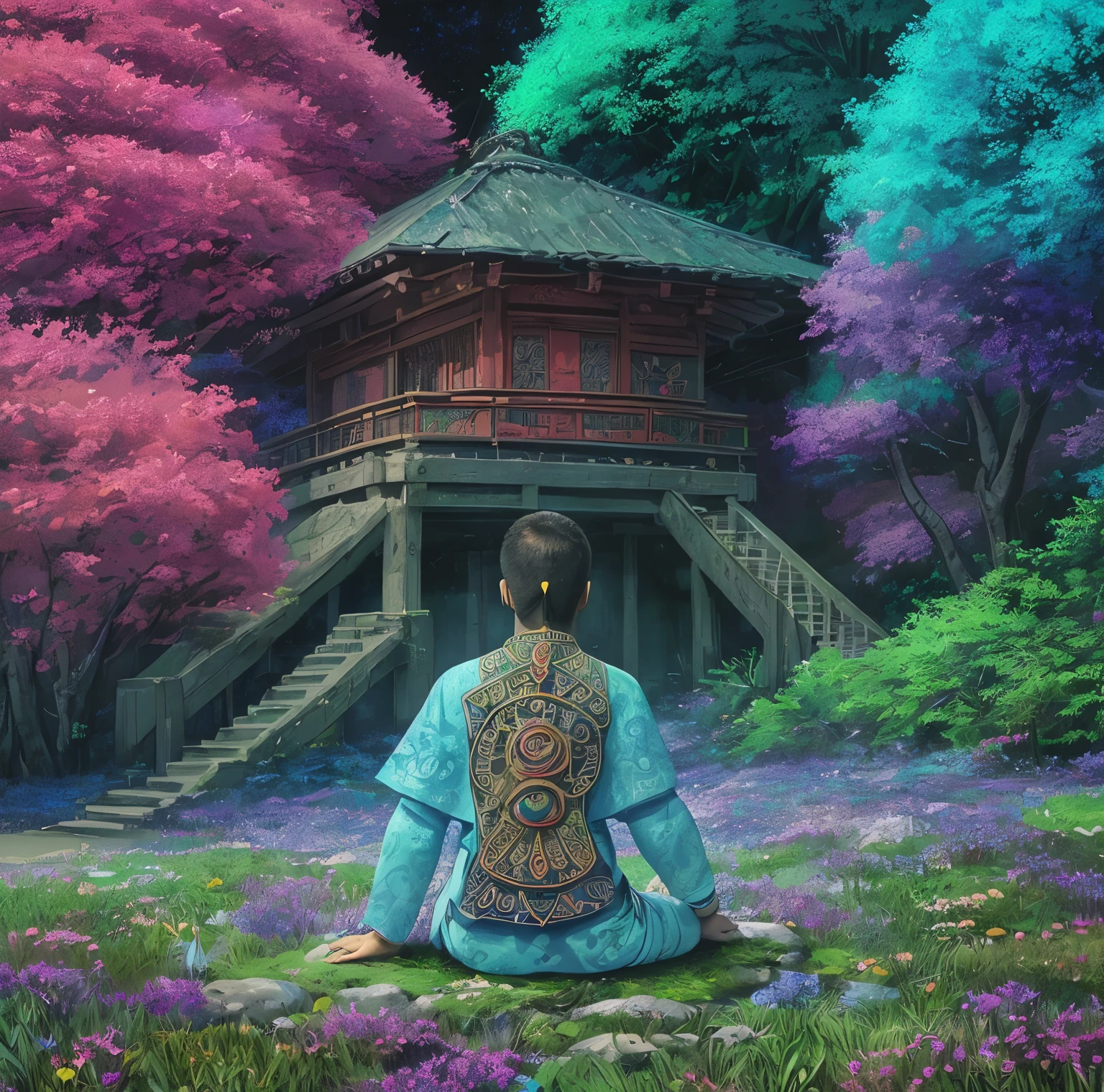 A shaman meditating in a vibrant environment, paisagem iluminada de outro mundo, surrounded by ethereal spirits and symbols of the spiritual realm. Symbols of nature, OM, zen, mystic, cores vibrantes, Imagem com pelo menos 300 dpi, Ultra HD,