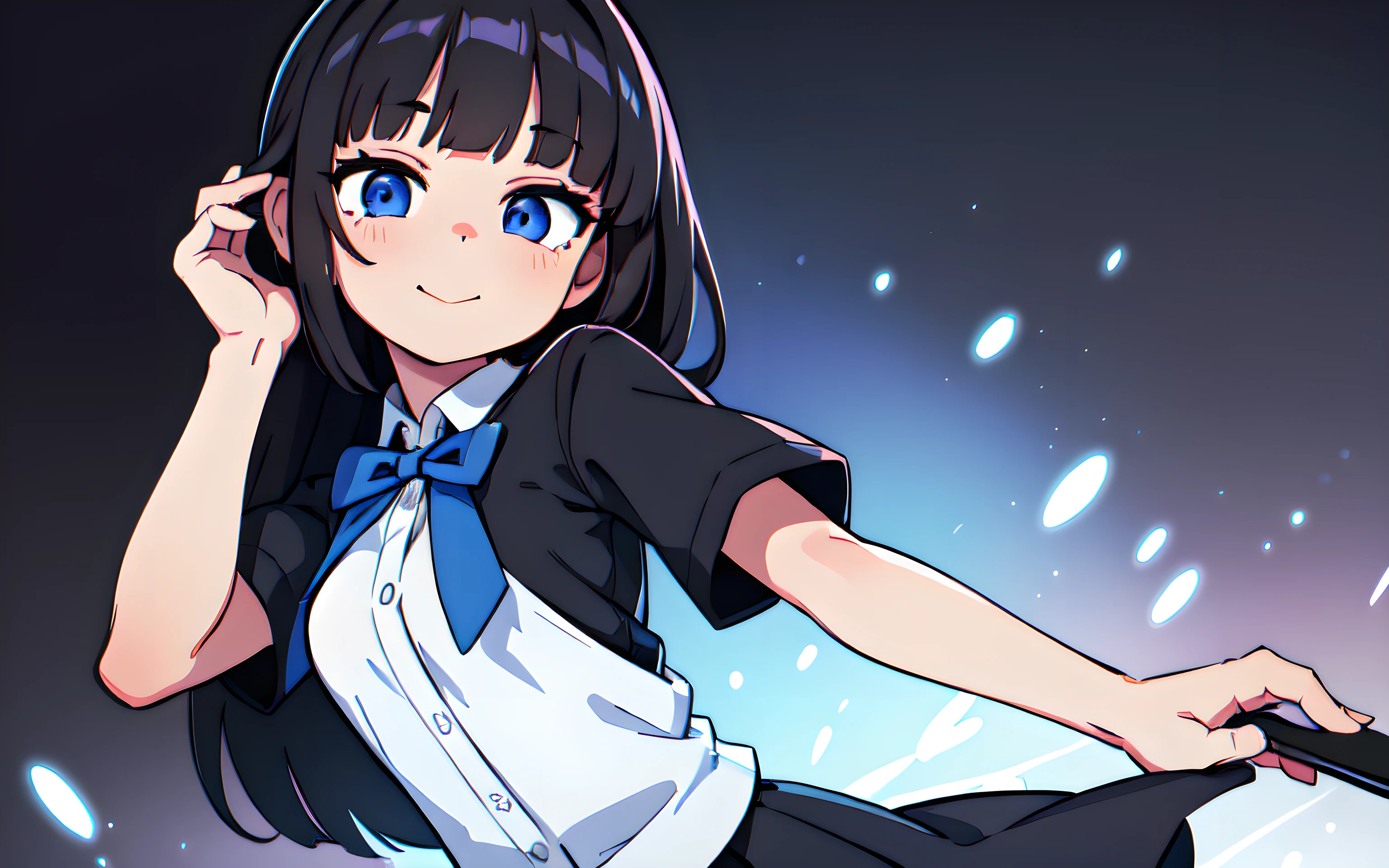 (ultra bright color, masterpiece, best quality, bloom, warm soft light, modern, hi-tech), 1girl, solo (background), white shirt, (black skirt) ,white stockingeautiful , beautiful detailed face, light smile, (black blue) medium hair, (detailed (blue) ruby eyes), sitrom side:0.8, young, small breasts