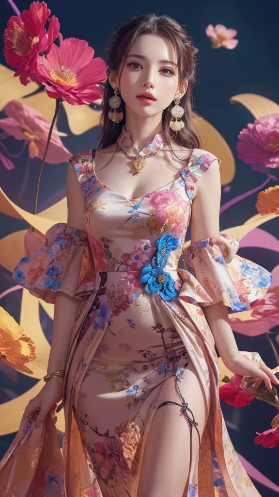 (masterpiece, highest quality, highest quality, Official Art, beautifully、aesthetic:1.2), (One girl:1.3), Very detailed,(Fractal Art:1.1),(colorful:1.1)(Flowers:1.3),Most detailed,(Tangled:1.2), (Dynamic pose), (Abstract background:1.3), (China dress:1.2), (Shiny skin), (Many colors:1.4), ,(Earrings:1.4),