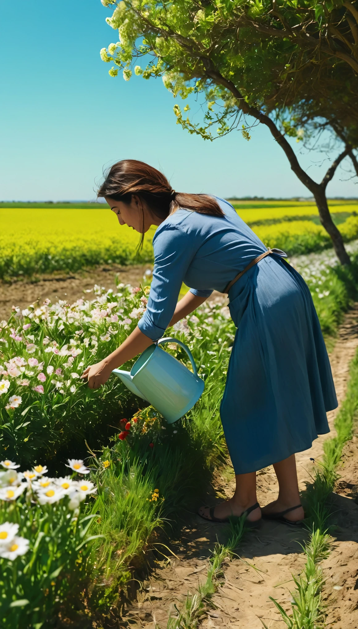 Pessoa, de corpo inteiro, segurando uma cesta cheia de flores. The person is bending down to pick some flowers from the bushes. Beautiful landscape of a flower field on a spring morning. in the blue sky, birds flying. cinematic lighting. Feeling of satisfaction. Ultra HD. Altamente detalhado. Pessoa colhendo flores em primeiro plano 