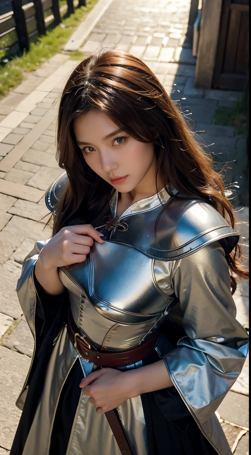 23-year-old Taiwanese beauty, solo singer, cool, perfect interpretation of European fantasy medieval knight. She has huge natural breasts and a perfect figure. She is wearing the costume of the Knights Hospitaller, a cloak, and long red hair. She looks up at the viewer, holding a big sword in her hand, and standing on the streets of medieval Europe. (1 Girl: 1.4), (RAW Photo, Best Quality), (Real, Photo Real: 1.1), Best Best Quality, Masterpiece, Beauty and Aesthetics, 16K, (HDR: 1.2), High Contrast, (Vivid Color: 1.3), (Soft Color, Dull Color, Soothing Color: 0), Cinema Lighting, Ambient Lighting, Side Light, Fine Detail and Texture, Cinematic Lens, Warm Color (Bright and Intense: 1.1), Wide Angle Lens, xm887, hyper - Realistic illustrations, Shino's natural proportions, dynamic poses, (accurate body and hand anatomy, four fingers and a thumb), (from above: 1.2)
