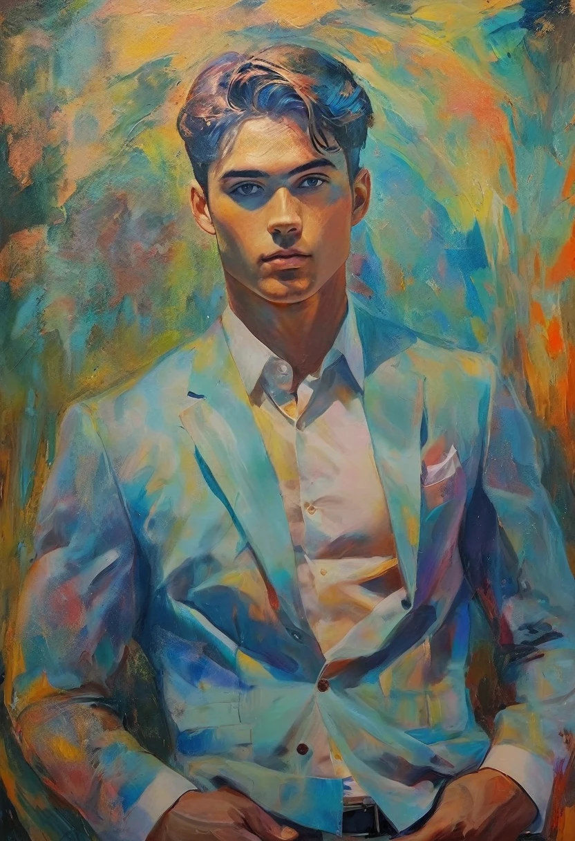 chiaroscuro technique on sensual illustration of an arafed man in white underwear, sexy masculine, male model, by Malcom Liepke, model with attractive body, inspired by Ludovit Fulla, mid-shot of a hunky, the model draped in flowing, thick oil painting by Harumi Hironaka, extremely soft colors, vibrant, highly detailed, malcolm liepke painting, oil on canvas, high contrast, dramatic, refined, tonal, Create high contrast between light and shadow fire around