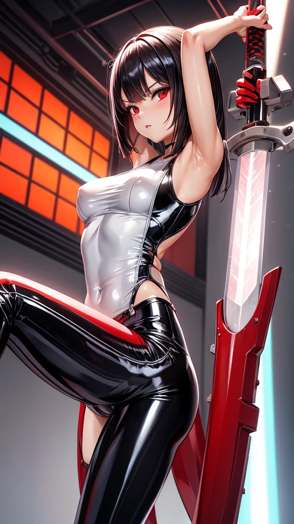 solo girl,Glossy metalic light silver tank top, tight latex shiny, Red interpolation color,Black hair bob,red eyes, camel toe, Samurai Sword,
Lift one leg,