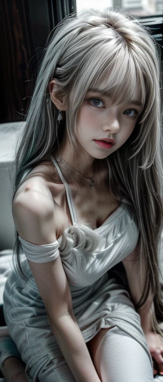 Role Details:, - gender: 1 girl.
- style: Japanese cartoons, - Body shape: Seductive figure, Slim, fair legs, Slim leggings, fair arms, fair shoulders. - Chest: ((Large Breasts:1,5)), , nipple.
- Facial features: fair, Gorgeous, ager, fresh, young.
- Express: open smile, Horny, Pink blush on face, Sexy eyes, sexy look, Sweat, innocent expression, Drunk. - Hairstyle: Bangs, Long hair. - hair color: light blue hair.
- clothing: (White cotton dress:1.5). - Body posture: (Kneeling licking position). - Behavior: wait, Want something, secretly.
- Accessories: earrings., Environmental details:, - environment: Office., - lighting: Natural light., - decorate: Modern desk, Chair, window, White curtains, city View. top view. away, anime style, Ultra HD, Retina, masterpiece, precise, Anatomically correct, texture