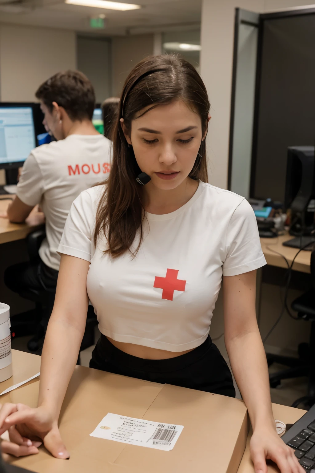 Details to include:

Shirts with small red cross emblems, symbolizing care for customers.
One professional holding a phone and another with a cardboard defibrillator, ready to “revive” a sale or solve a critical customer issue.
Another professional applying an adhesive “bandage” to a report, symbolizing fixing a mistake for a customer.
Emphasize the call center environment with multiple professionals working in cubicles, managing calls and providing immediate assistance.
The image should convey a sense of urgency and care in a light-hearted and humorous manner, highlighting the importance of call center professionals as the immediate aid in times of need for clients.