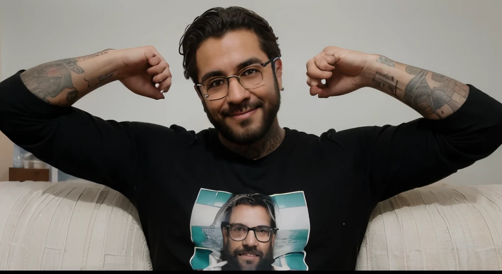 Homem, barbudo, de 45 anos, sorrindo, gordinho, cabelo baixo, with black glasses, he will be posing as if he is taking a photo, with his arm raised, mostrando 2 dedos, A foto deve ser do torax para a cima, and he must hold the camera, O fundo da imagem do it on a couch, with your family, he has tattoos on his arm, written in Portuguese "Sempre vencendo!" He will be wearing a sweatshirt, um casaco grosso, 