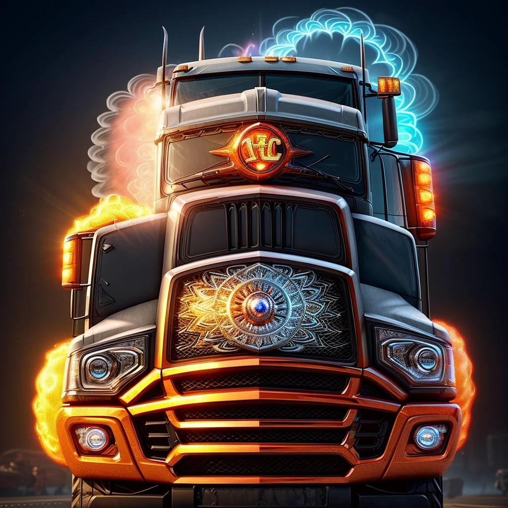 Words: " Truckers Rule " on an symetrical 18-wheeler big truck, words: " Truckers Rule " in background, beautiful, ornate, intricate details, spirals, smoke, unreal engine, octane rendering, cinematic, Full-length view, neon lighting, realistic rendering, symetrical, glowing aura, 8k ultra realistic, red orange blue flames, beveled borders diamond swirling effect deepbeveling