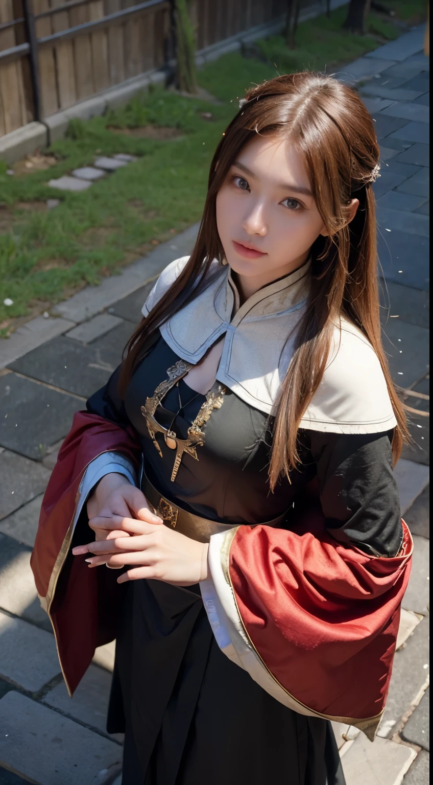 23-year-old Taiwanese beauty, solo singer, cool, perfect interpretation of European fantasy medieval knight. She has huge natural breasts and a perfect figure. She is wearing the costume of the Knights Hospitaller, a cloak, and long red hair. She looks up at the viewer, holding a big sword in her hand, and standing on the streets of medieval Europe. (1 Girl: 1.4), (RAW Photo, Best Quality), (Real, Photo Real: 1.1), Best Best Quality, Masterpiece, Beauty and Aesthetics, 16K, (HDR: 1.2), High Contrast, (Vivid Color: 1.3), (Soft Color, Dull Color, Soothing Color: 0), Cinema Lighting, Ambient Lighting, Side Light, Fine Detail and Texture, Cinematic Lens, Warm Color (Bright and Intense: 1.1), Wide Angle Lens, xm887, hyper - Realistic illustrations, Shino's natural proportions, dynamic poses, (accurate body and hand anatomy, four fingers and a thumb), (from above: 1.2)
