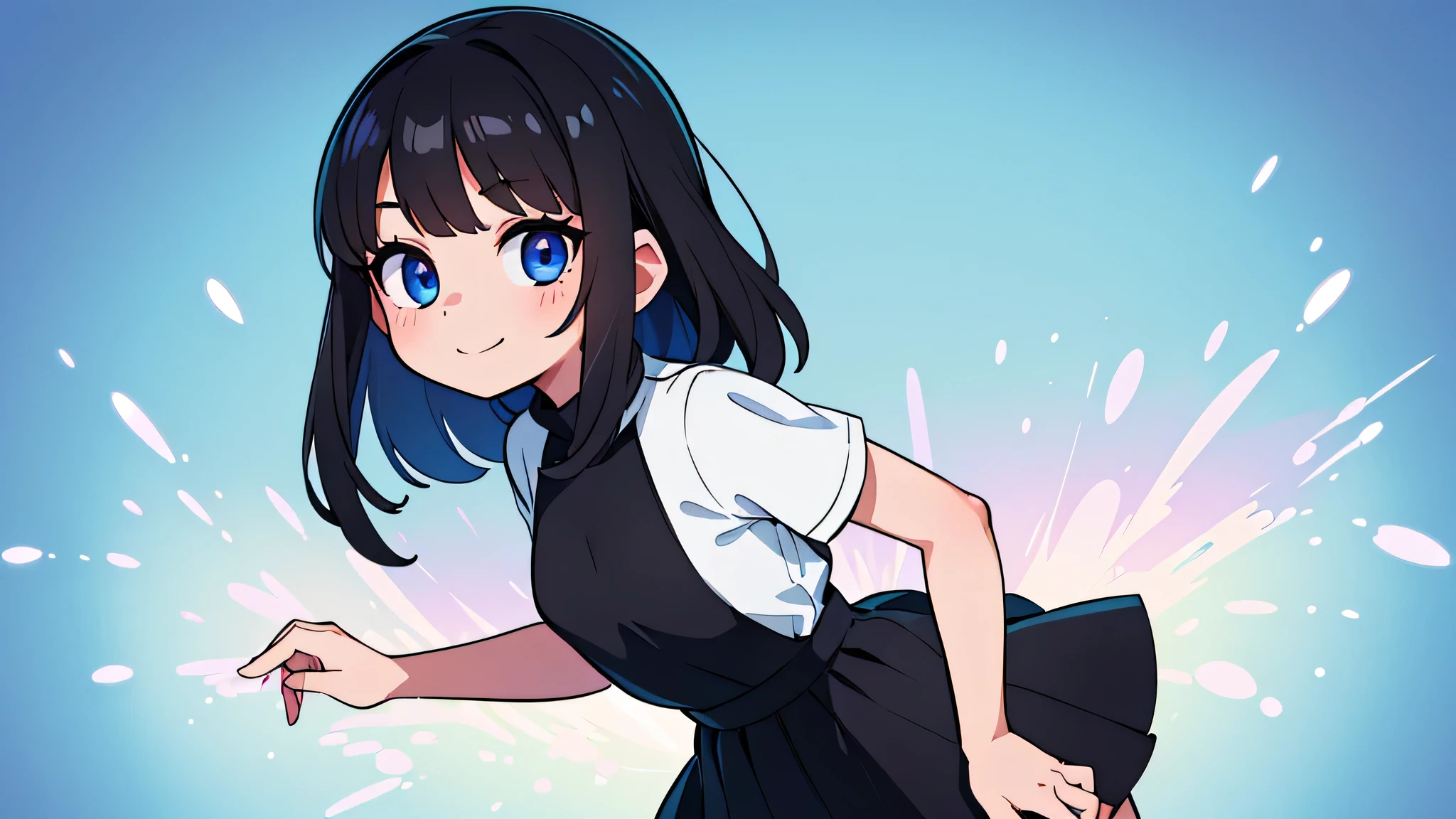 (ultra bright color, masterpiece, best quality, bloom, warm soft light, modern, hi-tech), 1girl, solo (background), white shirt, (black skirt) ,white stockingeautiful , beautiful detailed face, light smile, (black blue) medium hair, (detailed (blue) ruby eyes), sitrom side:0.8, young, small breasts