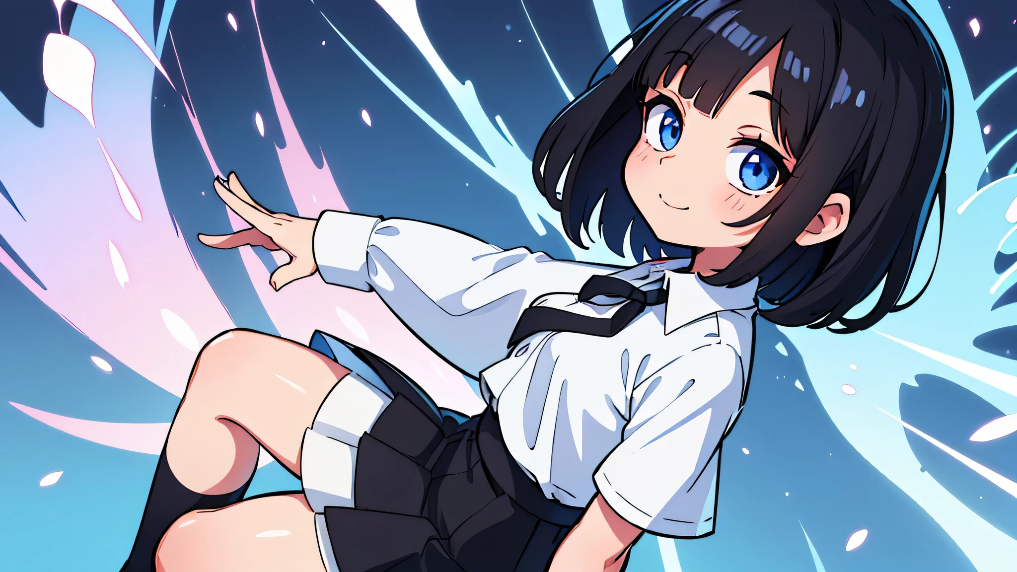 (ultra bright color, masterpiece, best quality, bloom, warm soft light, modern, hi-tech), 1girl, solo (background), white shirt, (black skirt) ,white stockingeautiful , beautiful detailed face, light smile, (black blue) medium hair, (detailed (blue) ruby eyes), sitrom side:0.8, young, small breasts