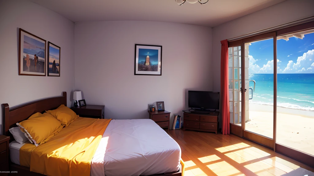 Criar um quarto com parede branca e um quadro escrito: Corpo Quente, e uma cama de casal e uma janela com vista pro mar com dia ensolarado