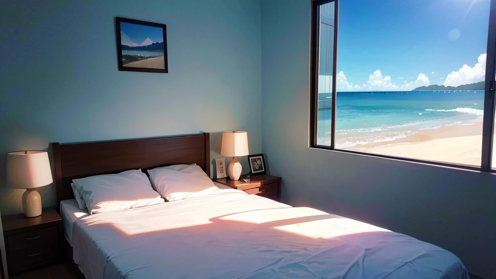 Criar um quarto com parede branca e um quadro escrito: Corpo Quente, e uma cama de casal e uma janela com vista pro mar com dia ensolarado