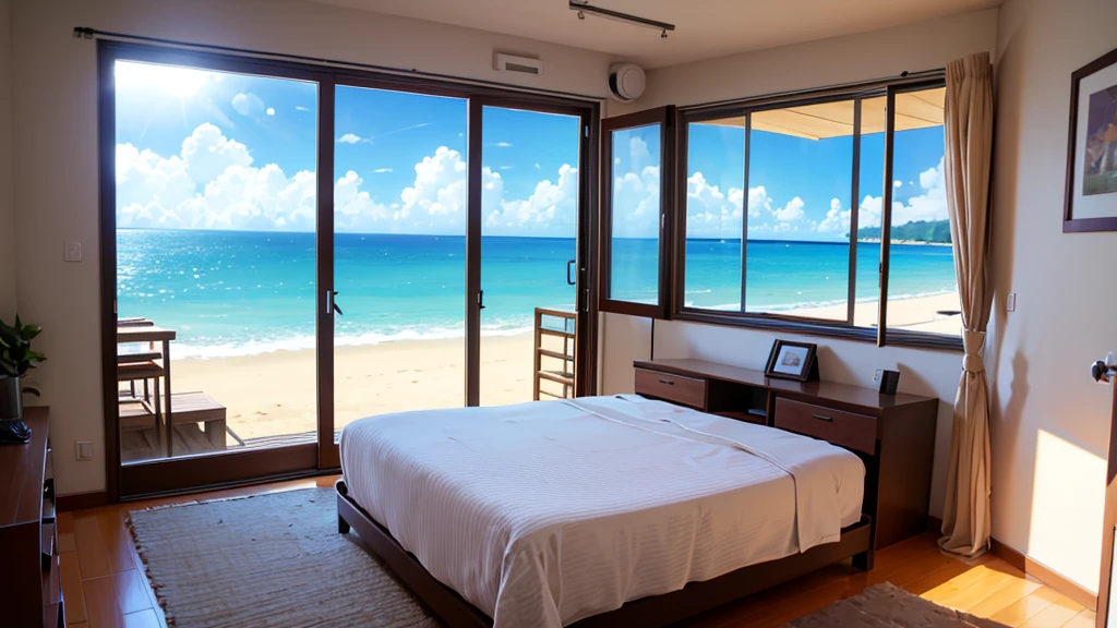 Criar um quarto com parede branca e um quadro escrito: Corpo Quente, e uma cama de casal e uma janela com vista pro mar com dia ensolarado