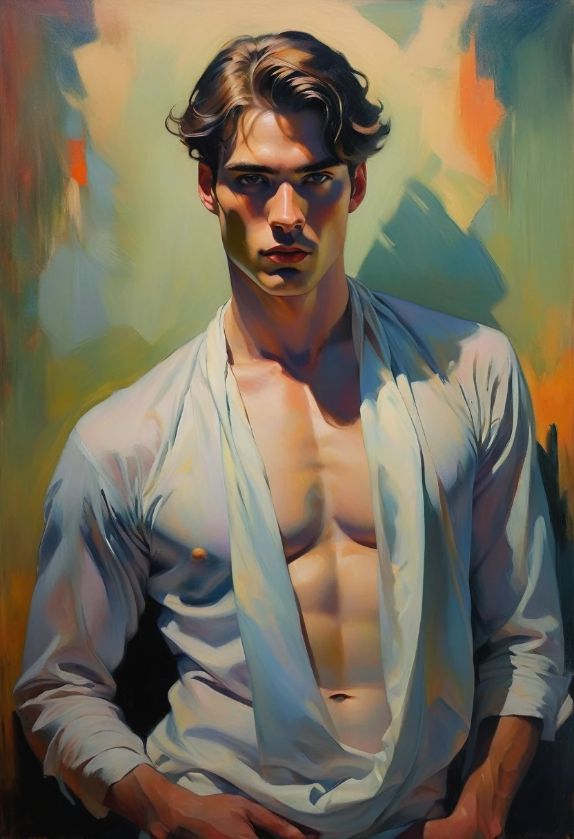 chiaroscuro technique on sensual illustration of an arafed man in white underwear, sexy masculine, male model, by Malcom Liepke, model with attractive body, inspired by Ludovit Fulla, mid-shot of a hunky, the model draped in flowing, thick oil painting by Harumi Hironaka, extremely soft colors, vibrant, highly detailed, malcolm liepke painting, oil on canvas, high contrast, dramatic, refined, tonal, Create high contrast between light and shadow fire around