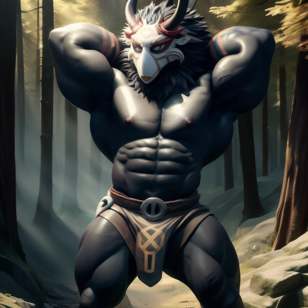 (masterpiece, best quality, hi res, extreme detail, detailed background:1.4), mitachurl, solo, male, mask, (pose:1.3), (posing:1.3), (full body), forest background, 1boy, standing, male focus, muscular male, abs, loincloth, close-up, sexy, one hand behind head, nipples, red nipples
