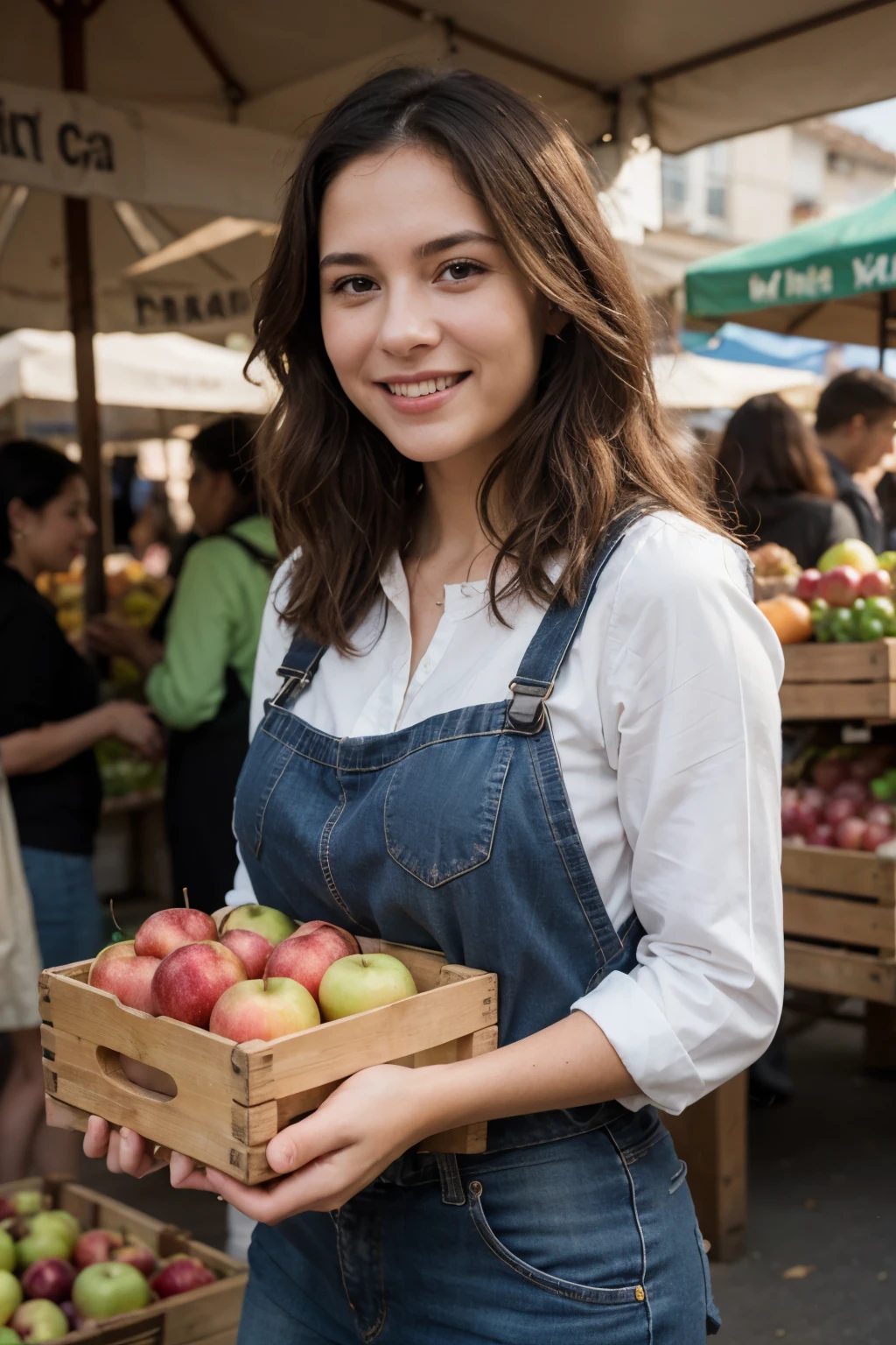 Draw a realistic scene of a female farmer at a local market, beaming with joy as she displays the fruits in the wooden crate she's holding. Her smile radiates happiness and pride in her work. The wooden crate is filled with a variety of fresh and colorful fruits such as apples, oranges, bananas, and grapes, all arranged attractively. Detail the woman's facial expression, emphasizing her delight as she showcases the fruits. In the background, other vendors and customers interact in a lively market setting, adding context to the scene. Natural sunlight should illuminate the scene, highlighting details and creating realistic shadows
