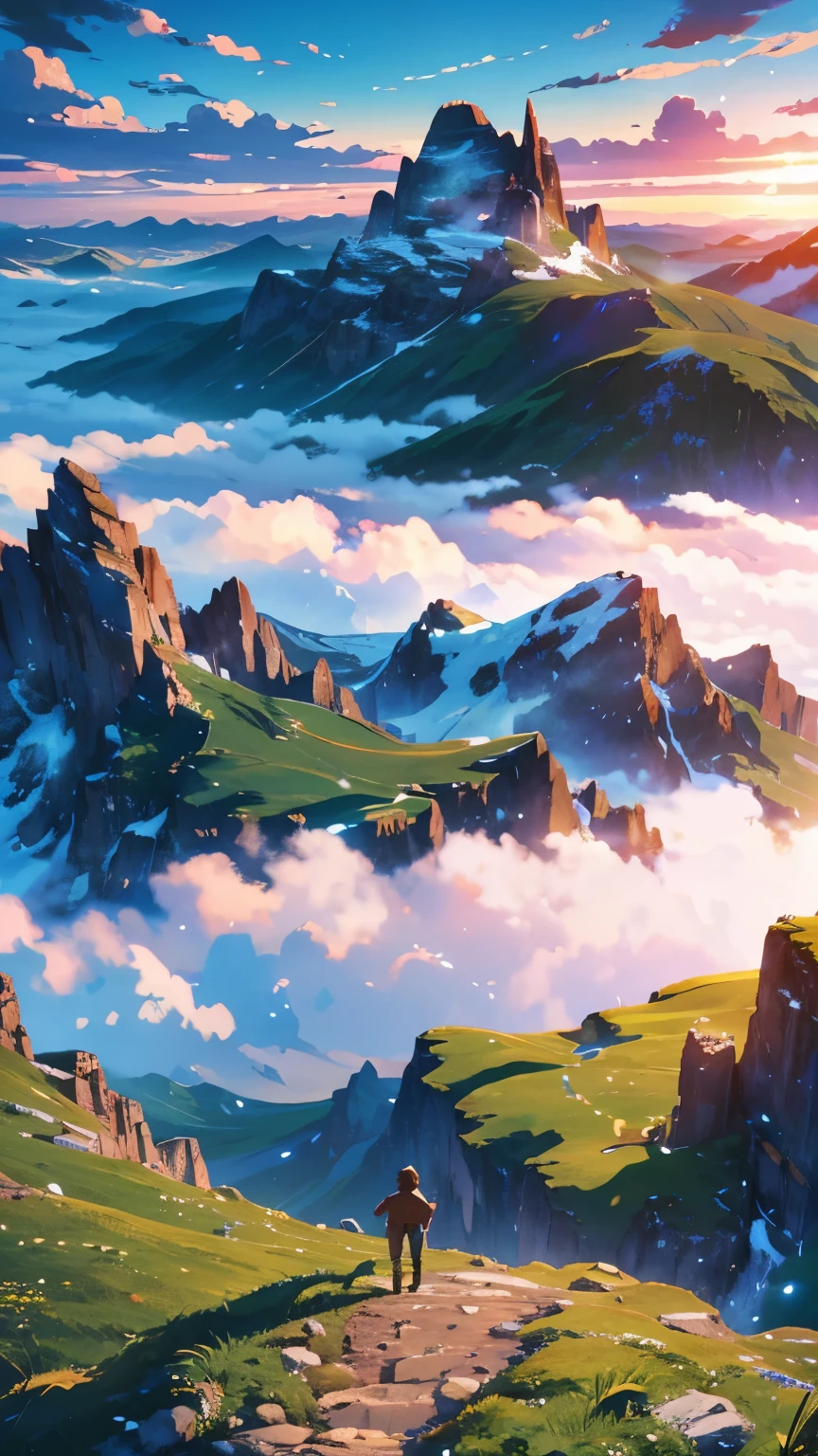 A young man is walking in a meadow on a cloud-covered mountain peak., top view , You can see the edge of the mountain., bottom ground The scenery is stunningly beautiful.、movie scenery、High quality、tabletop,8k、high resolution、Very fine,