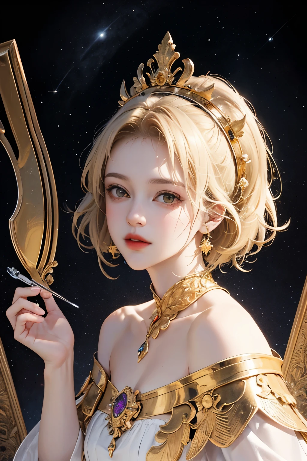 Realistic, (Masterpiece, Top Quality, Best Quality, Official Art, Beautiful and Aesthetic: 1.2), Very Detailed, Fractal Art, Colorful, Most Detailed, Leo, (Abstract Background: 1.5), (1girl: 1.3), (Cat class), yellow hair, bright eyes, earnest, combed back, short hair, milky way, huge magical gold Leo astrolabe, dream, fantasy, gold trim,beautiful detailed sky, Style and Decoration for Leo, leo goddess, (nsfw:0.8), delicate refective and high glass guardrail board